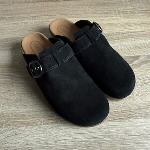 Orthofeet Women 9.5 B Black Suede Clogs Mules Buckle Strap Comfort Shoes 71011